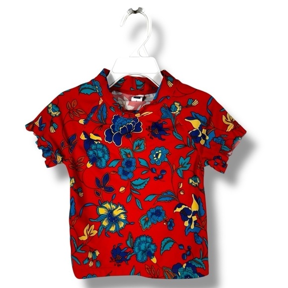 Janie And Jack Little Girls Ruffle Short Sleeve Rash Guard, Red Floral, Size 4 - Picture 1 of 8